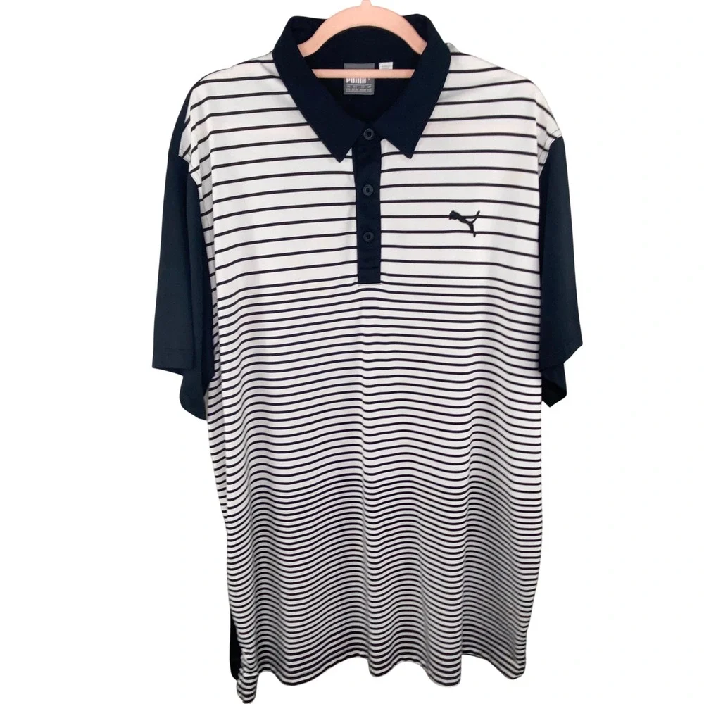 Puma‎ Striped dryCELL Polo Shirt Mens XXL Navy White Short Sleeve Athletic